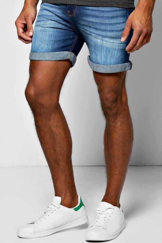 Skinny Fit Indigo Wash Denim Shorts in Short Length
